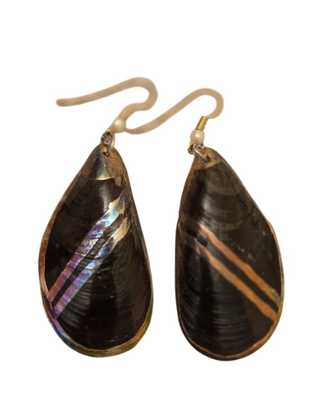 Vintage Artisan Mussel‎ Shell Earrings With Iridescent Gold Tone Accents Coastal
